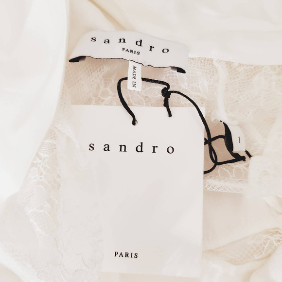 Sandro Paris Mirtylles White Floral Lace Viscose Satin Blouse NWT Small NEW Ecru - Picture 11 of 16